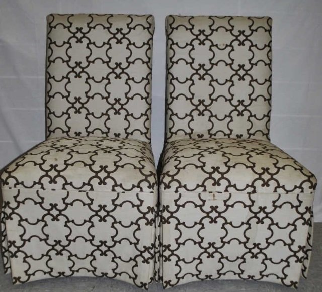 Pair Contemporary Modern Upholstered Parson Chairs: Pair of upholstered Parson style. Skirted from the deck. Natural cotton with dark brown geometric pattern. 21" W x 26" D 39" H. Needs reupholstering.