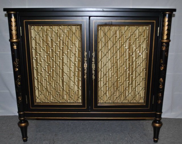 Julia Gray Regency Style Console Cabinet: Julia Gray Regency style cabinet. Black faux porphyry top. Aged gold leaf paint trim and leaf and berry decoration. 40" W x 18" D x 35" H. In excellent condition.