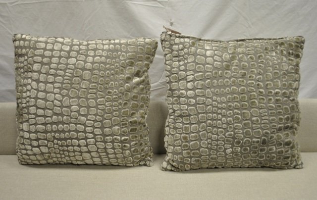 Pair of Gray Cut Velvet Throw Pillows: Pair of gray cut velvet contemporary alligator print decorative throw pillows. Self welt, zippered opening. Down and feather insert. 22" square. Needs sewing repair.