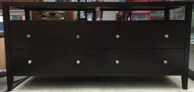 Contemporary Media Center Console: Contemporary media / entertainment center / console. Mahogany stained. Nickel colored hardware. Four drawers. 60" W x 19 1/2" D x 29" H. Good condition. Needs touch up.