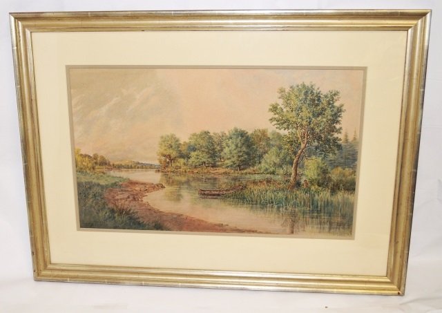 G Tribe Antique Watercolor Wooded Landscape: Signed framed watercolor of lake scene with a canoe, signed LL by "G. Tribe". Frame has glass on the front and image is in very good condition, measuring 13" high by 22" wide inside the matte.