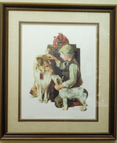 Norman Rockwell Pencil Signed Lithograph: Limited edition Norman Rockwell lithograph of a boy with two dogs. Limited edition XXX / XXXV. Signed in pencil bottom right corner by the artist. 23" W x 29" H. In excellent condition.