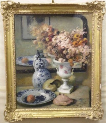 Fernand Toussaint Oil on Canvas Still Life, Signed: Fernand Toussaint oil on canvas still life with flowers, signed by the artist lower right corner. Belgian, 1873- 1955. Carved gilt wood frame. 26 1/4" W x 32" H. In excellent condition. Includes displ