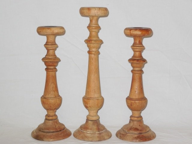 Antique Country French Primitive Candlesticks: Three antique American country style wood candlesticks. 4" diameter x 11" H, 4" D. x 13 1/4" H. Good vintage condition.