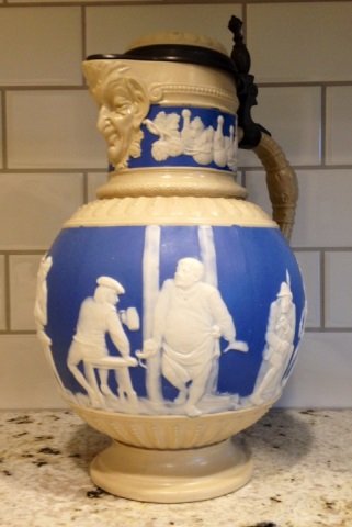 Antique German Metlach Jasperware Bisque Pitcher: Antique German Metlach jasper ware bisque porcelain lidded pitcher. Marked on bottom.