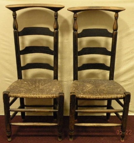 Pair 18th C. Ladder Back Prayer Rush Seat Chairs: A pair of 18th century painted ladder back prayer chairs with rush seats. 17 1/2" W x 15 12" D x 39 3/4" H. Areas with paint wear otherwise good antique condition.