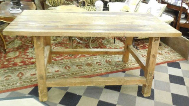 Large Antique Farm Pine Wood Work Table: Large antique farm pine work table. Planked top. Leg stretchers. 76" long x 34" D x 36" H. In good vintage condition.