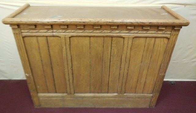 Antique Oak Dry Bar w/ Copper Top: Antique oak bar with copper top. Two shelves inside. Front has detailed paneling. Copper top has a nice patina. 60" W x 20" D x 44" H. Good antique condition.