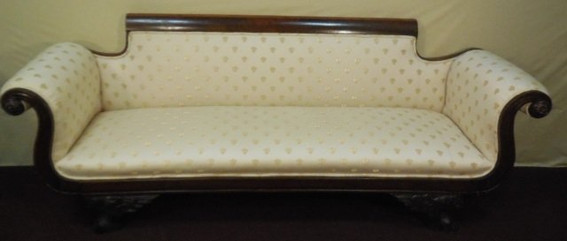 Antique Amrican Empire Mahogany Settee Sofa: Empire Mahogany Frame Rolled Arm Sofa/Settee, upholstered in Napoleonic bee damask. 82" W x 24 1/4" D x 32 1/4". In good condition but needs some restoration.
