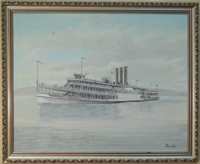 Randles Oil on Canvas "Robert Fulton" Steamship: An oil on canvas painting of the steamship "Robert Fulton" signed lower right by Randles. 19 1/2" H x 15 1/2" W. Very good condition.