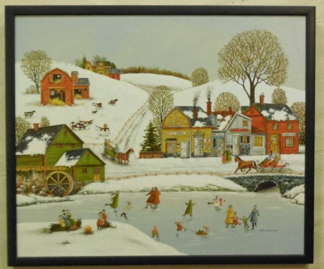 Acrylic on Canvas Village Scene Signed Clement: Acrylic on canvas painting of a village scene signed Clement, 1986. In the style of Grandma Moses. 23 1/2" x 19 1/2 H. In very good condition.