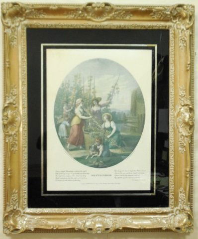W. Hamilton & F. Bartolozzi Print "September": Antique print,"September" by W. Hamilton and F. Bartolozzi. One of the twelve months. Fine colored print produced by the stipple method developed by Francesco Bartolozzi 1727-1815, engraver to the Kin