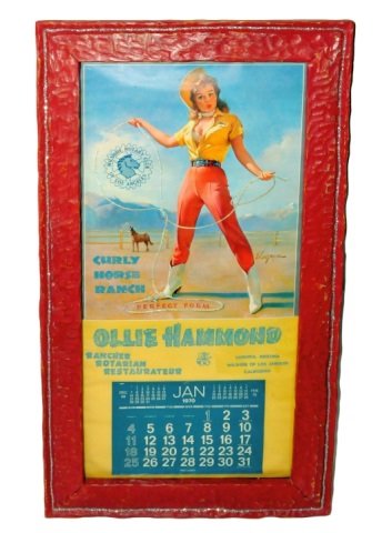 Western Folk Framed Pinup Girl Calendar 1970: Vintage Western calendar in handmade wooden frame that is decorated in Western decor. The 1970 poster is of a cowgirl and mentions "Ollie Hammond". Image measures 32" H x 15" W inside frame and has a 