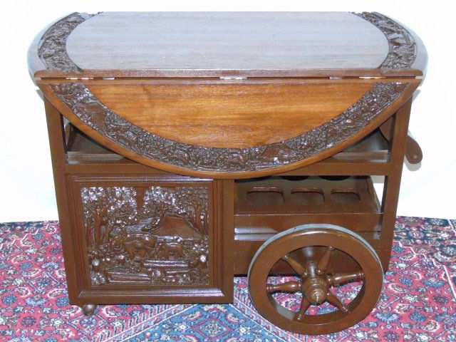 Asian Bar Cart, Mahogany Carved Wood Detail (1 of 9)