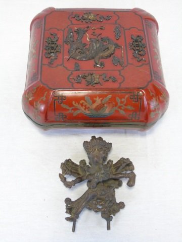 Asian Red Lacquer Box & Bronze Hindu Brahma (1 of 10)