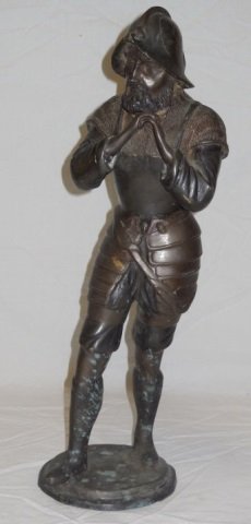Antique Bronze Spanish Conquistador Sculpture: Bronze Conquistador sculpture. 6" W x 6" D x 20" H. Very good condition with a nice patina.