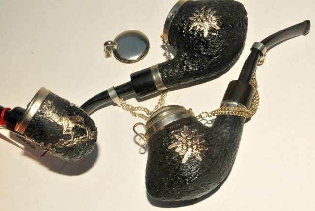 Three Swiss Burl & Metal Mounted Pipes NOS (1 of 3)