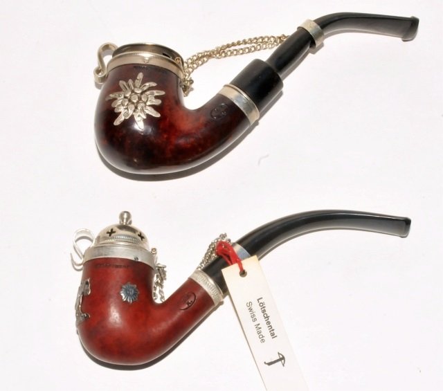 Two Swiss Pipes Brown Burlwood & Metal Lids (1 of 3)