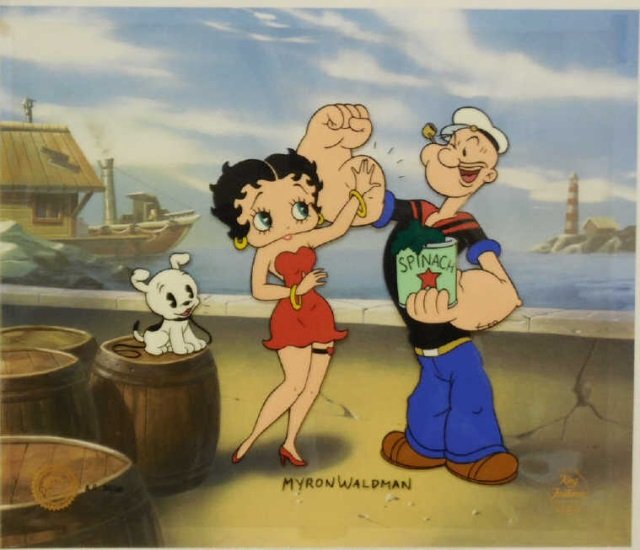 Painted Cartoon Cell "Flexing For Betty" W/ COA: Hand painted twelve field cartoon cell features Popeye flexing for Betty Boop. "Flexing for Betty". Numbered cell #35. Ltd. edition. Published by Toon Art, Inc. in 2000. Image created by Myron Waldman