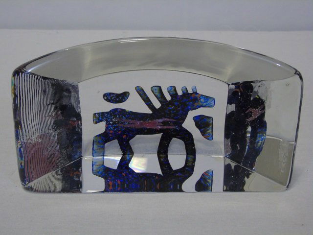 Kosta Boda Horse Art Glass by Bertil Vallien: Unusual Kosta Boda horse art glass block sculpture from the Viewpoints collection. This piece is by noted Swedish artist Bertil Vallien. Signed on bottom. 7 1/2" W x 3" D x 4 1/2" H. In excellent cond