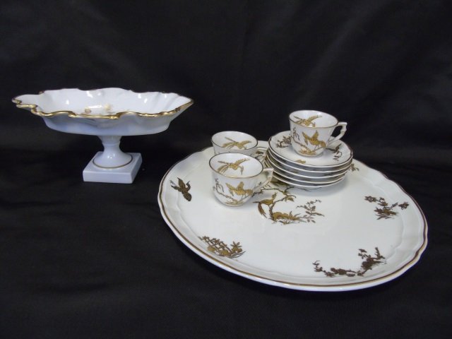 Antique Limoges Bernardaud Reine Elizabeth: Lot of 10 antique Limoges Bernardaud porcelain items. (1) Tray, 12" diameter, (5) saucers, 4 1/4" diameter, (3) demi-tasse cups, 2 1/4" diameter x 2" H, (1) candy dish on pedestal, 8 3/4" W x 5 1/2"D