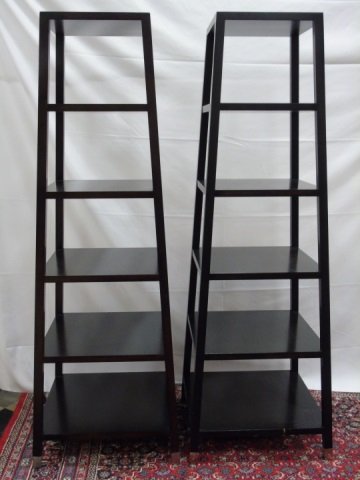 Pair of Contemporary Modern Baker Pyramid Etageres: Pair of Baker pyramid etageres. Five shelves. Dark ebony finish. 24"W x 24" D x 71"H. Very good condition.