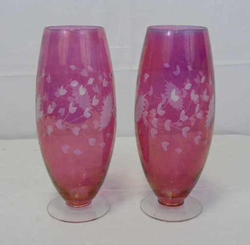 Pair Of Antique Etched Cranberry Gl Vases
