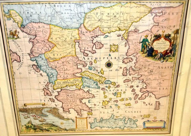 Map of Greece 1721 by John Senex of London: Large, square-format, hand-tinted map of Greece by John Senex of London from 1721 measuring 20" high by 24" wide (not including mat). Very good condition, covered in protective plastic.