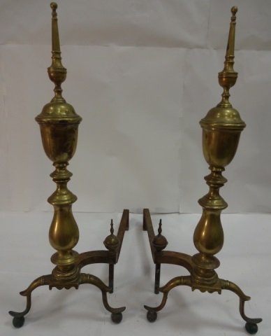 Pair of Vintage / Antique Brass Andirons: Pair of vintage to antique brass andirons. 10 1/4" W x 19" D x 25 7/8" H, very good used condition.