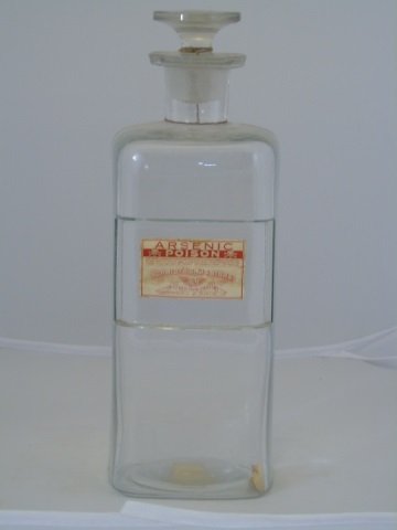 Vintage Apothecary Bottle: Vintage apothecary bottle. Label reads "Arsenic Poison". Schmidt's Drug Store, Springfield, Ohio. 4" square x 12" H. Good vintage condition.