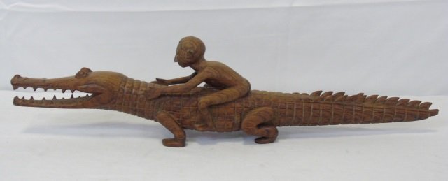 Carved Wood Crocodile w/ Native Man on Back (1 of 6)