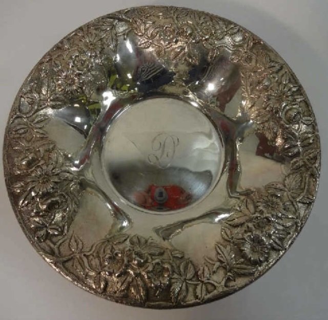 Antique S. Kirk & Son Sterling Candy Dish: Sterling candy dish from S. Kirk & Son, Cc. Floral vine on rim and the initial "D" in script on inside bottom edge. 9" diameter x 1 3/4" H, 276 grams, very good condition.