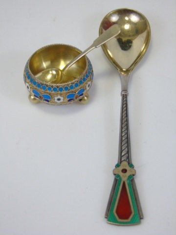 3 Antique Russian Silver & Enamel Pieces: 3 Antique Russian Silver & Enamel Pieces. One spoon, salt cellar and spoon. Large spoon measures 5.5 inches in length. Hallmarked.