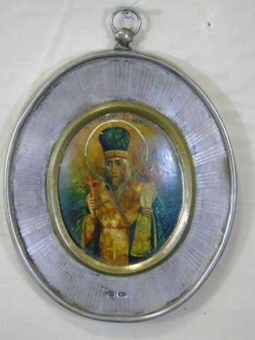 Antique Russian Imperial Silver MOP Icon: Antique Russian Imperial Silver Mother of Pearl Icon. Hand painted miniature icon. Hallmarked 84 for silver, initialed for maker. Measures 6 by 4.5 inches.