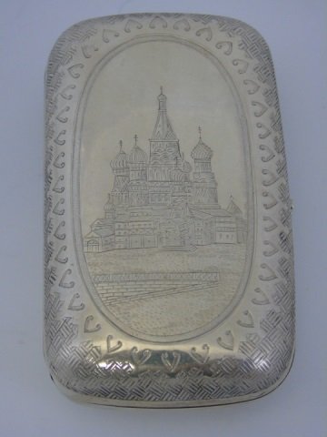 Antique Imperial Russian Silver Moscow Cigar Box: Antique Imperial Russian Silver Moscow Cigar Box. Hand chased silver exterior with scene of Moscow. Hallmarked 84 and maker's mark. Weighs approximately 5.3 ounces. Measures approximately 4.75 by 2.5 