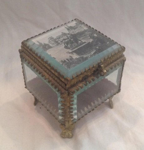 Antique Russian Moscow Scene Ormolu Box: Antique Russian Moscow Scene Ormolu Box. Velvet lined, gilt ormolu framed, glass sides. Stands 3 inches in height.