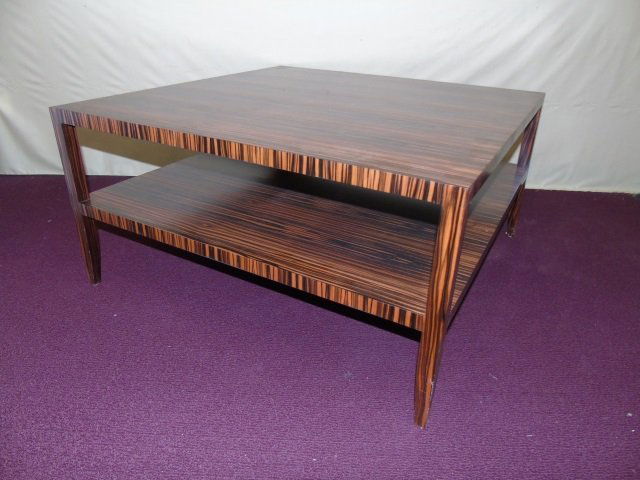 Contemporary Todd Hase Zebrawood Coffee Table: Contemporary Modern Todd Hase zebrawood square coffee table with shelf. 36" square x 18" H. Good condition. couple of spots on top surface.