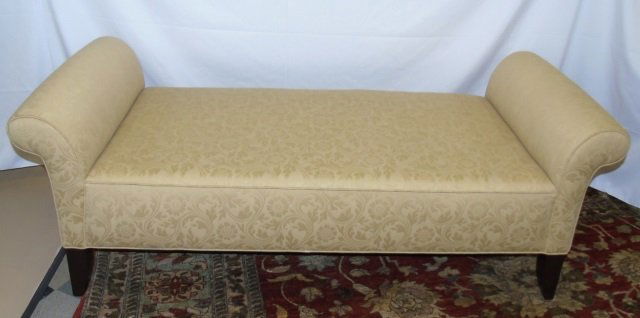 Modern Todd Hase Upholstered Bench / Day Bed: Contemporary Modern Todd Hase upholstered bench / daybed with rolled arms. Tone on tone Anichini damask fabric. Espresso finish legs. 70" W x 30" D x 26" H.