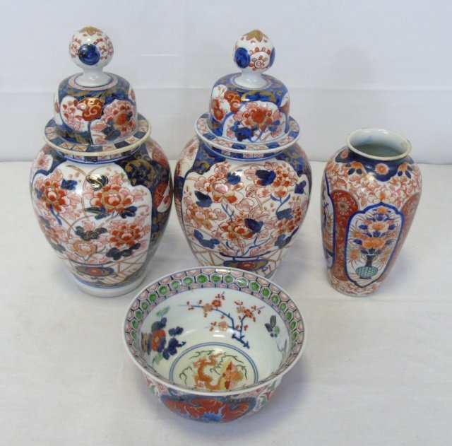 Lot of 4 Antique Japanese Imari Porcelain Items: Lot of 4 Antique Japanese Imari porcelain items. Pair of Imari ginger jars, 6" diameter x 12" H, (1) vase, 4" diameter x 7 1/2" H, (1) bowl, 6 1/2" diameter x 3 14" H. Very good antique condition. Pur
