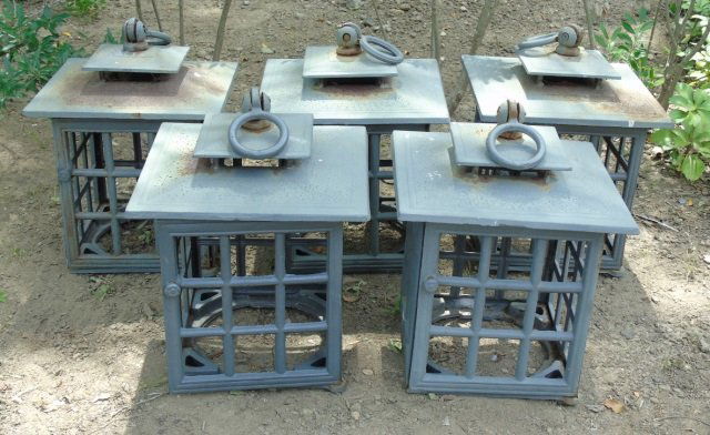Lot of 5 Vintage Cast Iron Outdoor Lanterns: Lot of five vintage cast iron outdoor lanterns. Nice gray patina. Window pane detail. 12" square x 12" H. Very good condition. Patio / Porch / Garden candle lanterns.