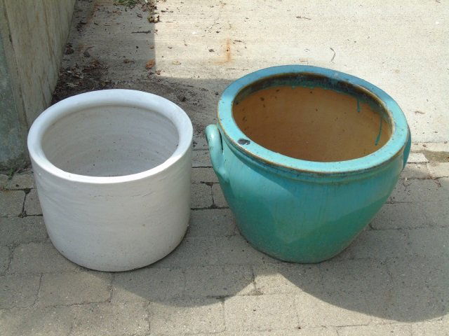 Lot of 2 Vintage Painted Pottery Planters: Lot of two vintage painted pottery planters. Blue measures: 18" diameter x 14" H. White measures: 15 1/2" diameter x 12" H. Good condition.