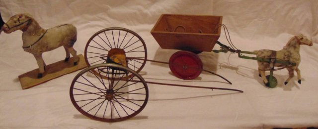 Antique German Toy Doll Sized Horses & Carriage: Antique German made doll display size toys. Horse, horse with carriage and carriage that needs to be re soldered. Longest is 14.5 inches.