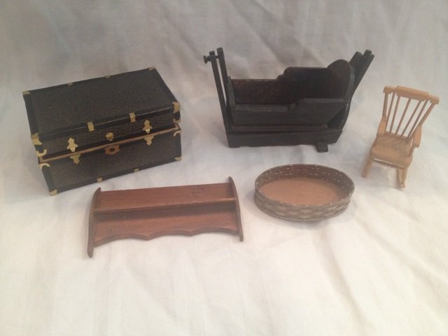 Vintage Artisan Dollhouse - William Clinger Etc: Vintage Artisan Dollhouse Furniture by William Clinger & Others. Cradle, basket, windsor chair, wall shelf, etc. Signed for William Clinger? but unfinished and unsigned IGMA artisan and handmade. Crad