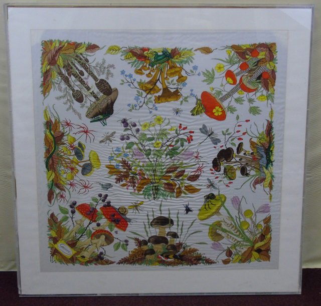 Vintage Gucci Silk Scarf by V Accornero: Vintage Gucci Silk Scarf V Accornero. Designs includes flowers, mushrooms, insects, and leaves. Framed and matted. Frame measures 36 by 36 inches.