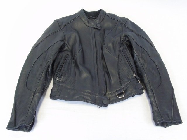 Leather Ladies's Harley Davidson Jacket Sz. Small: Black leather ladies's Harley Davidson motorcycle jacket, size small. "Harley Davidson" stitched on back. Flanged shoulder detail. Two front zip pockets. Zip closure. Very good condition.