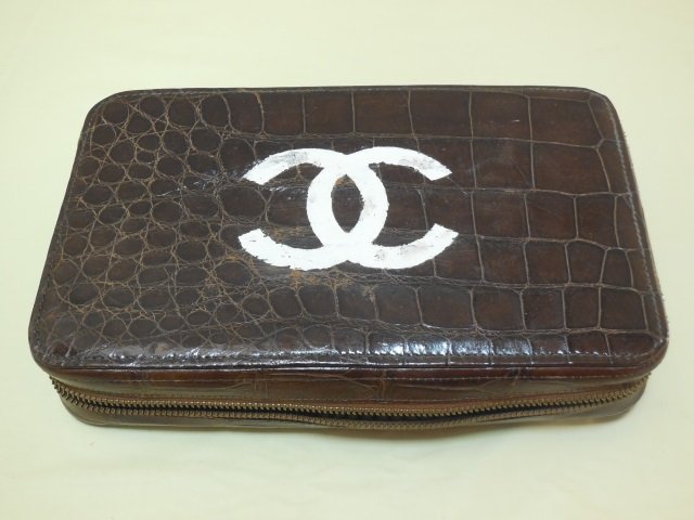 Mens' Travel Toiletry Kit with Chanel Logo: Vintage mens' travel toiletry kit with case. Reptile embossed case with Chanel logo. Seven pieces, including shave kit, brush, mirror, comb, toothbrush holder, soap holder and small case. 10 1/2" W x 
