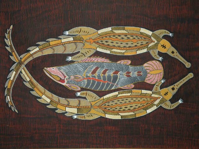 Australian Aboriginal Painting Crocodiles: Large Australian Aboriginal painting on canvas crocodiles and fish, framed. 69" W x 48" H. In excellent condition.