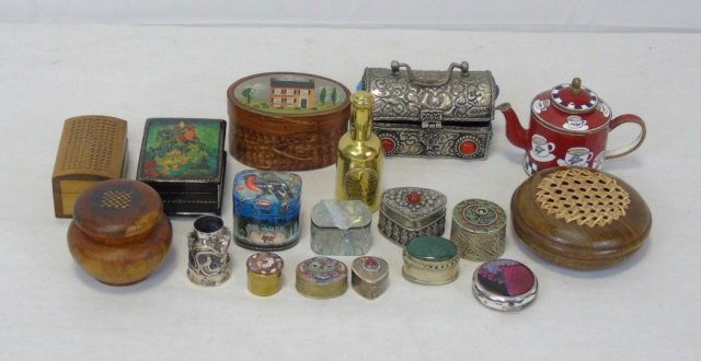 Assorted Antique & Vintage Table Articles: Assorted Antique and Vintage Table Articles. Collection of antique and vintage boxes and table articles in wood, silver, and lacquer.