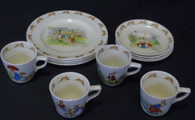 Lot of 12 Beatrix Potter Cups, Saucers & Plates: Lot of 12 Beatrix Potter cups, saucers and dessert plates. 4 cups, 3" W x 2 3/4", 4 saucers, 5 1/2" dia., 4 plates, 7 3/4" dia. Very good condition.