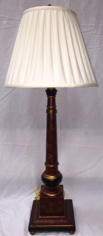 Maroon Painted Wood Column Lamp: Maroon painted wood column lamp with ivory shade. Gold painted ivy and Asian scenes. Base: 7 1/2" square x 35" H. In very good condition.